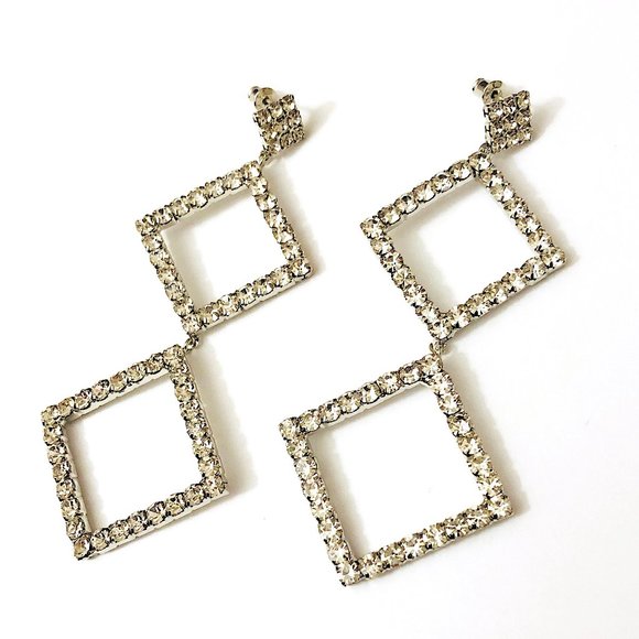 New! Diamond Shape Crystals S925 Silver Earrings - Picture 3 of 4